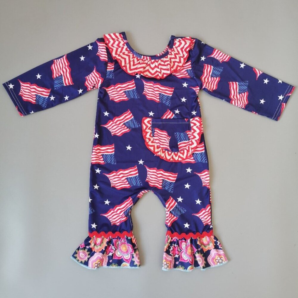 Boutique 4th of July US Flag Baby Girls Patriotic Ruffle Rumper Jumpsuit